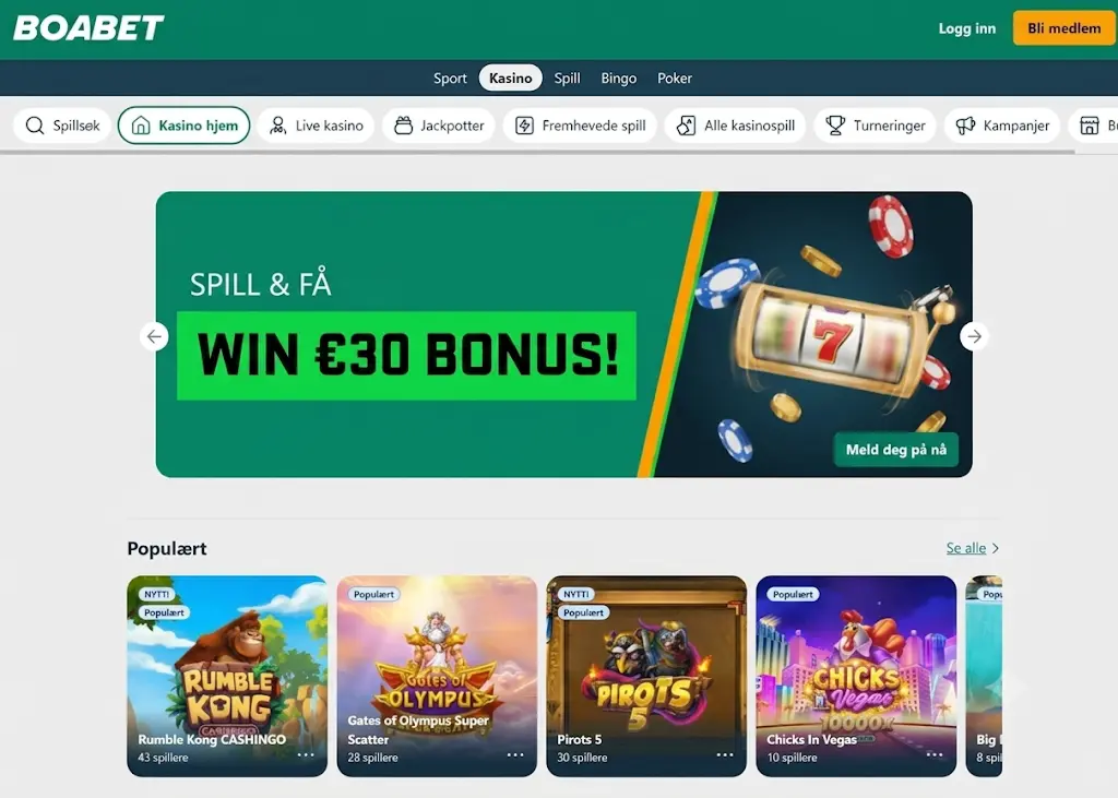 Oversiktstabell over BoaBet Casino funksjoner